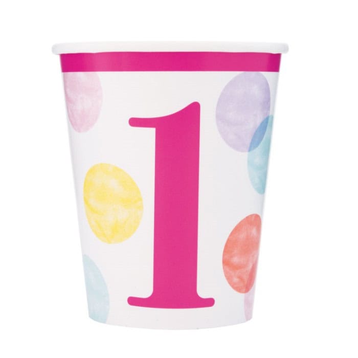 Čaše papirnate -Pink dots, 1st birthday, 8kom