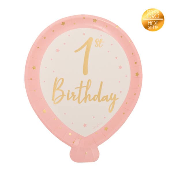 Papirnati tanjuri balon 1. rođendan -rozi 8 kom