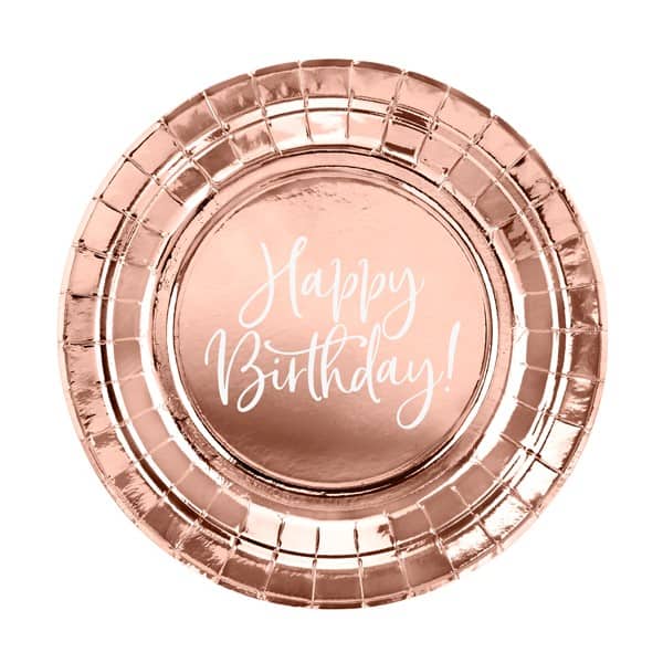 Tanjuri, rose gold s natpisom Happy birthdayi, 18cm, 6 kom