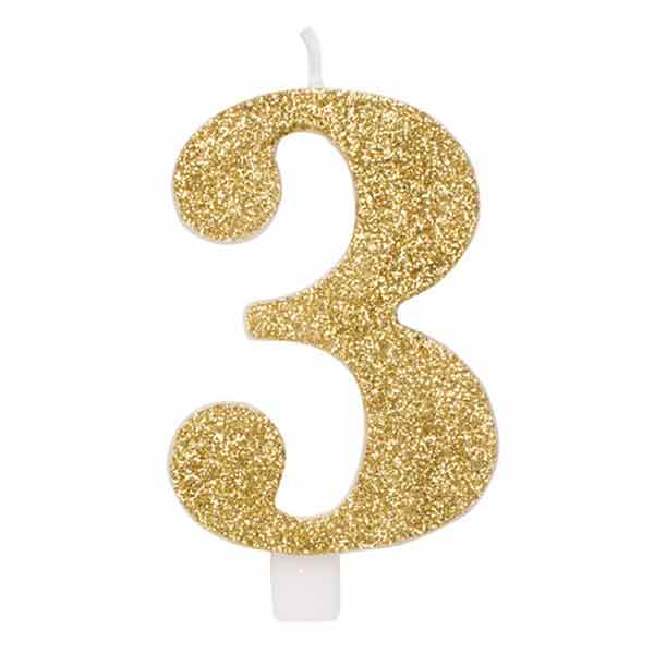 Svjećica rođendanska GLITTER Broj 3 CM 9.5 zlatna