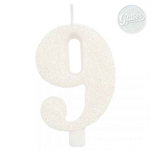 Svjećica rođendanska GLITTER Broj 9 CM 9.5 bijela